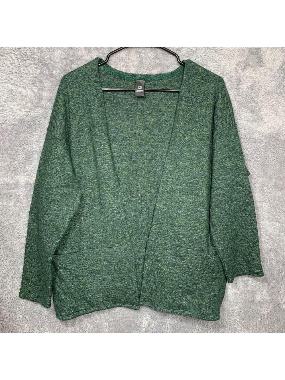 Manam Women's Open Front Cardigan Green Long Sleeve Size S Pockets Polyester Ble